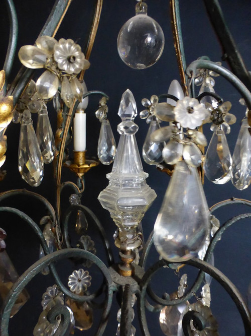 Lampadario a gabbia in ferro battuto e dorato