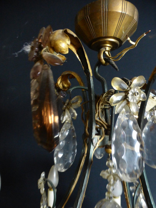 Lampadario a gabbia in ferro battuto e dorato