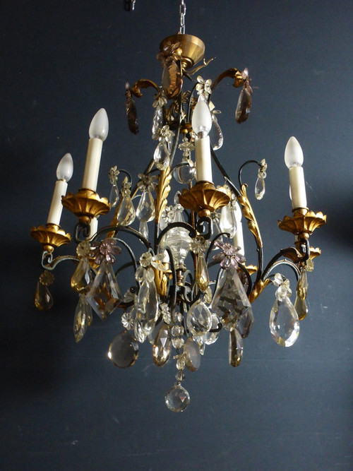 Lampadario a gabbia in ferro battuto e dorato