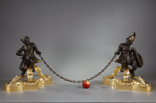 Pair of bronze andirons, "Alexander the Great and Doge", 19th century