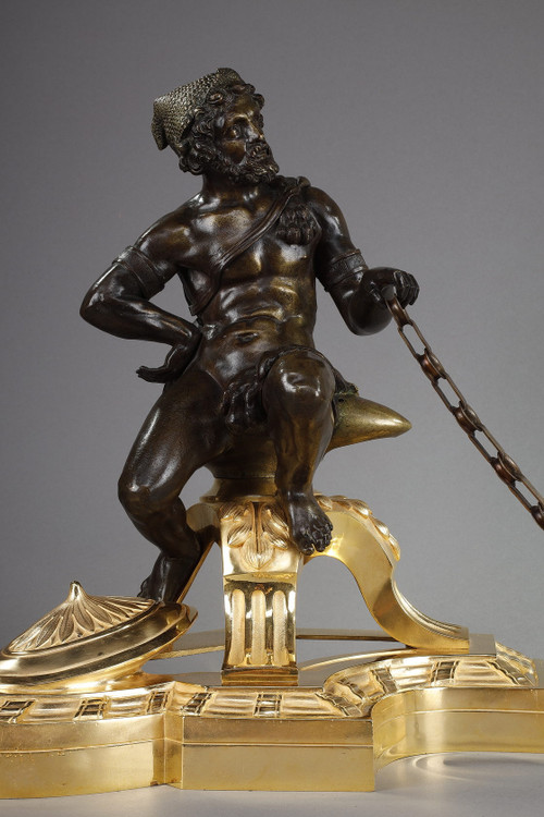 Pair of bronze andirons, "Alexander the Great and Doge", 19th century