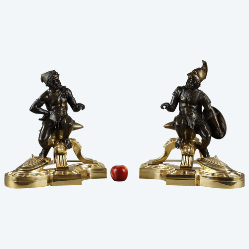 Pair of bronze andirons, "Alexander the Great and Doge", 19th century