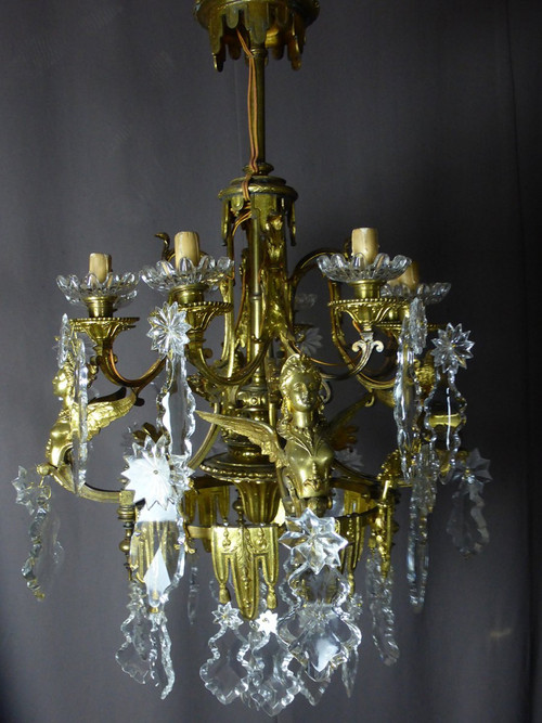 Lustre En Bronze Doré Aux Sphinges Ailés