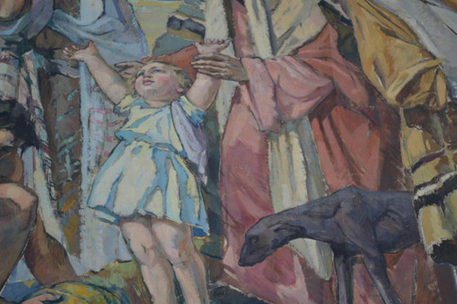 Large Painted Canvas "the Departure Of The Wedding In Cana" By Rieunier Rouzzaud