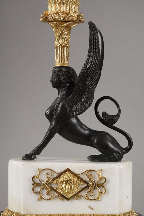 Pair of bronze and marble candelabras called "Aux Sphinges", Directoire period