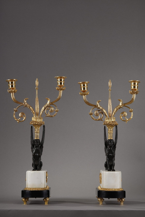 Pair of bronze and marble candelabras called "Aux Sphinges", Directoire period