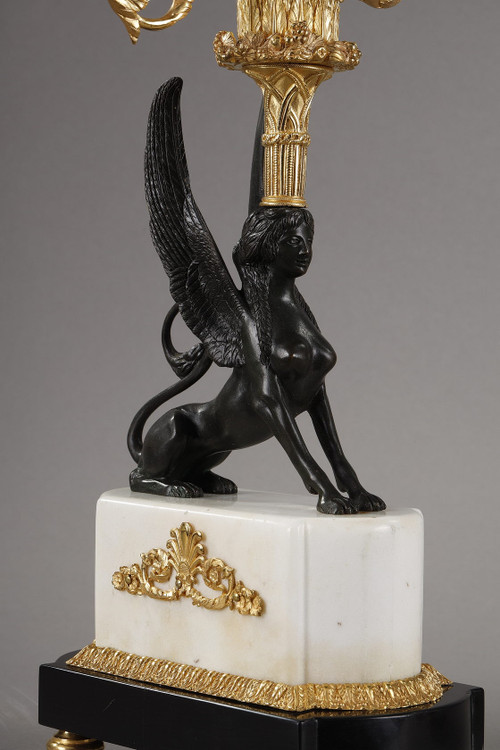 Pair of bronze and marble candelabras called "Aux Sphinges", Directoire period