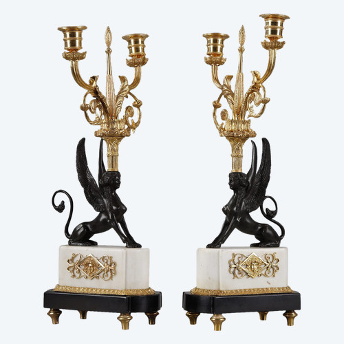 Pair of bronze and marble candelabras called "Aux Sphinges", Directoire period