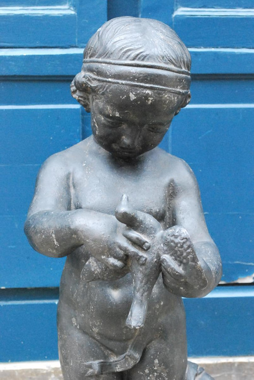 Lead Sculpture After Bridan: The Boy With The Bird Nineteenth Century