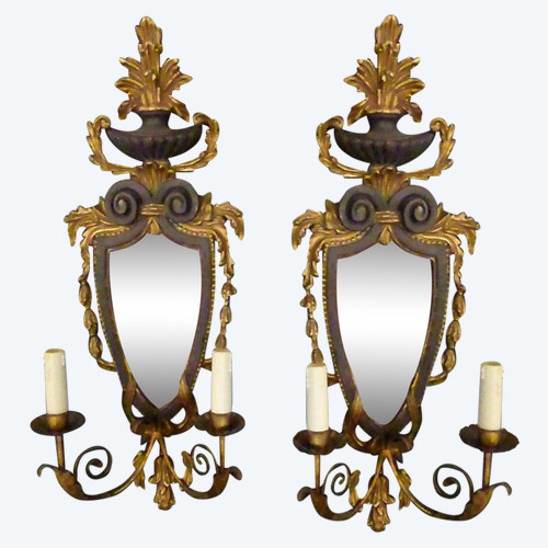 Paire d'Appliques bois doré et bois peint au miroir