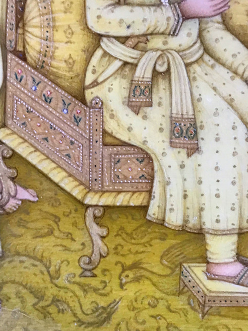 Kaiser Akbar der Große (1542-1605) empfängt auf einer Terrasse, umgeben von seinem Hofstaat, eine Delegation von Würdenträgern