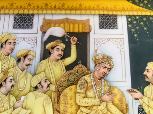 Kaiser Akbar der Große (1542-1605) empfängt auf einer Terrasse, umgeben von seinem Hofstaat, eine Delegation von Würdenträgern