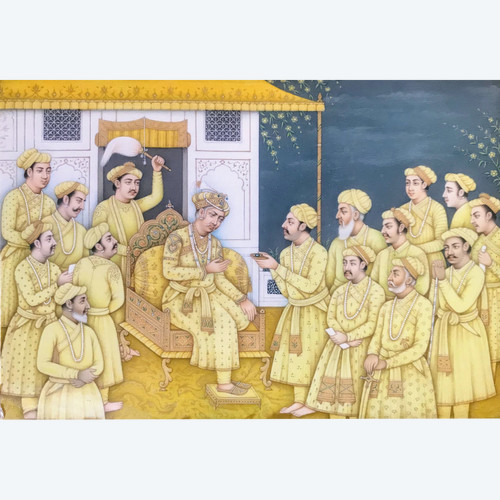 Kaiser Akbar der Große (1542-1605) empfängt auf einer Terrasse, umgeben von seinem Hofstaat, eine Delegation von Würdenträgern