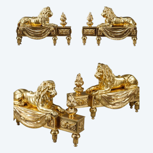 Pair of chiseled and gilded bronze andirons with lions, 19th century