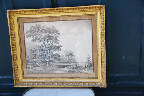 Grande Disegno Paesaggio E Alberi Firmato Wartel, XIX Secolo Periodo Impero