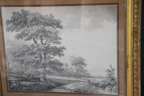 Grande Disegno Paesaggio E Alberi Firmato Wartel, XIX Secolo Periodo Impero