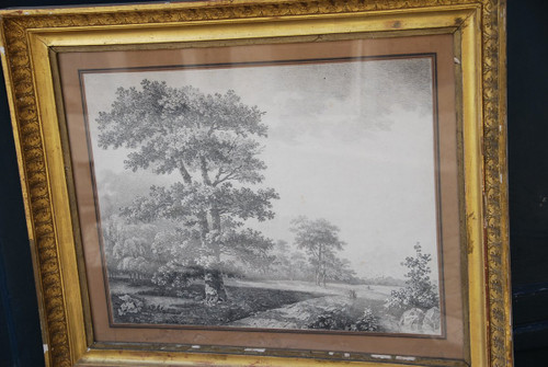 Grande Disegno Paesaggio E Alberi Firmato Wartel, XIX Secolo Periodo Impero