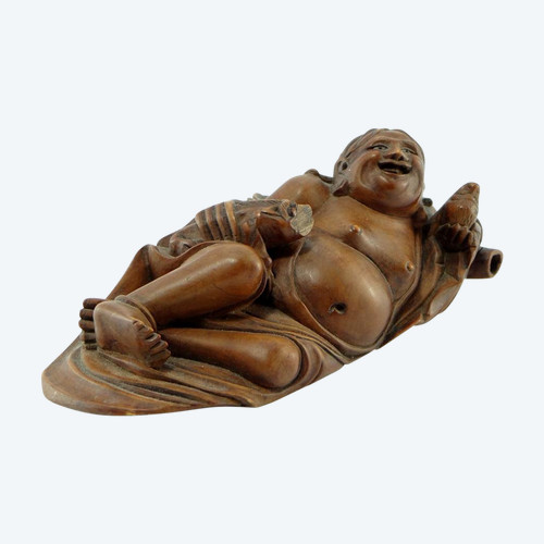 China oder Südostasien 19. Jahrhundert, Statuette Betrunkener Poet aus geschnitztem Buchsbaumholz.
