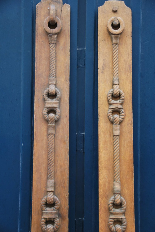 Pair Of Large Wooden Elements With Rope Decor, 18th Century Work