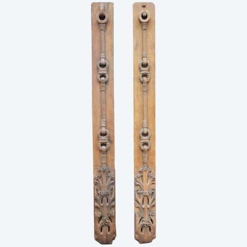 Pair Of Large Wooden Elements With Rope Decor, 18th Century Work