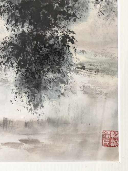 China 20th Century, Work in Ink and Ink Wash River and Mountain Landscape.
