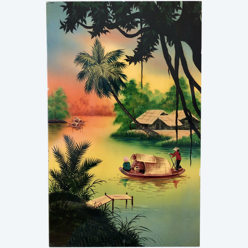 Vietnam 1950s/1960s, Hanoi School, Large Lacquer Panel Animated Lakescape.