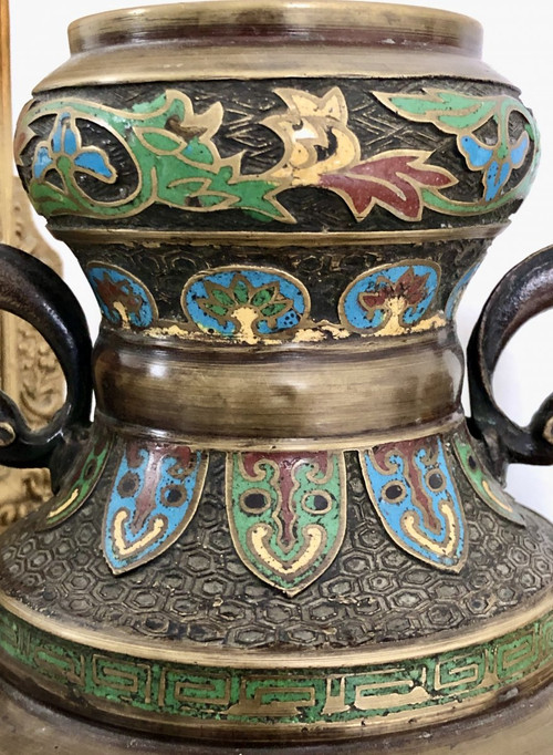 Vase Chine XIXème Lion Bouddhique Et Poème état Très Bon