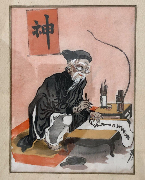 Vietnam, First Half 20th Century, Pair of Silk Paintings Depicting a Scholar.