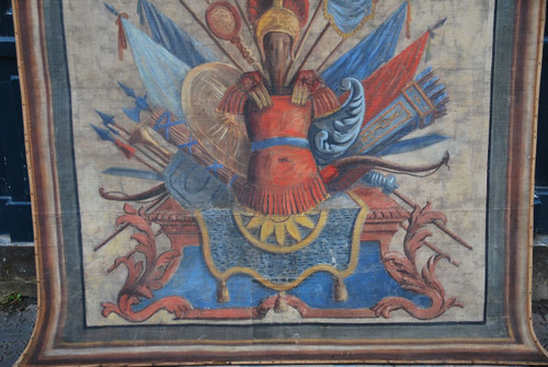 Importante Toile Peinte Aux Attributs Miltaire Fin XVIIIe Début XIXe
