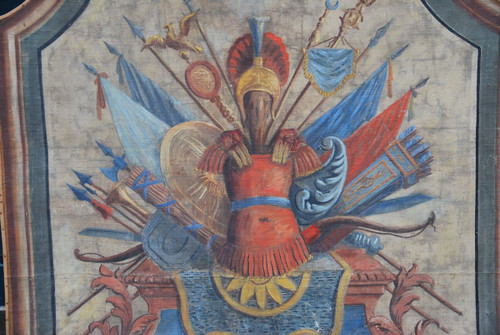 Importante Toile Peinte Aux Attributs Miltaire Fin XVIIIe Début XIXe