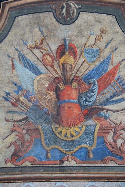 Importante Toile Peinte Aux Attributs Miltaire Fin XVIIIe Début XIXe