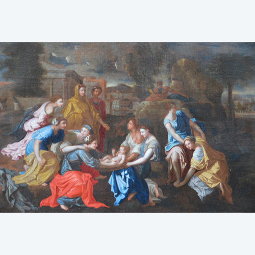 Oil on canvas MoÏse Sauvé Des Eaux , Poussin workshop , 17th century school