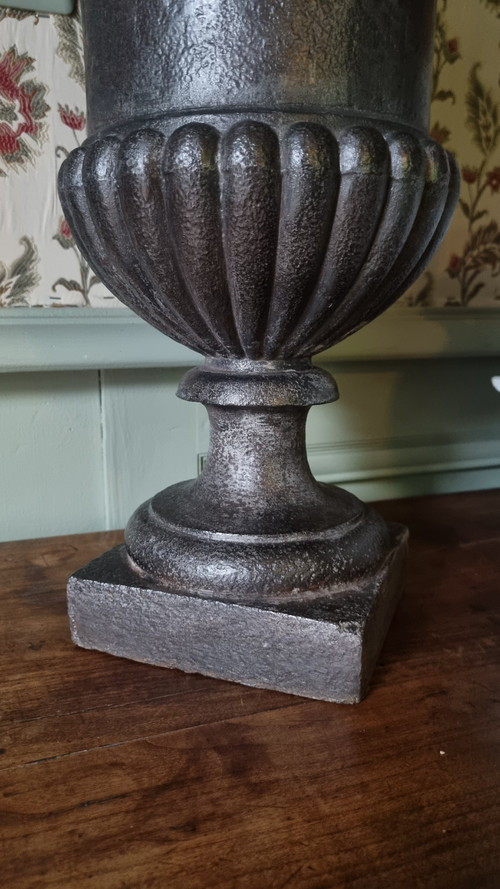 Medici Vase In Cast Iron From The 19th Century, Variant With Molded Neck.