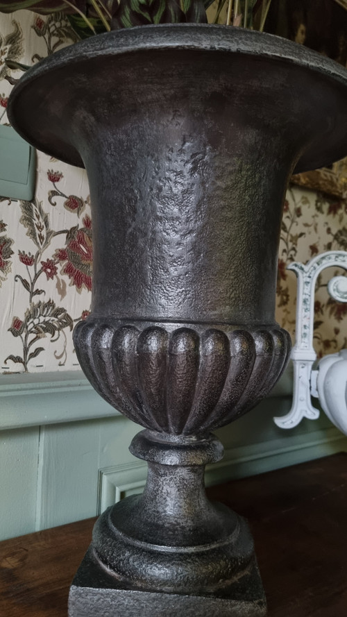 Medici Vase In Cast Iron From The 19th Century, Variant With Molded Neck.