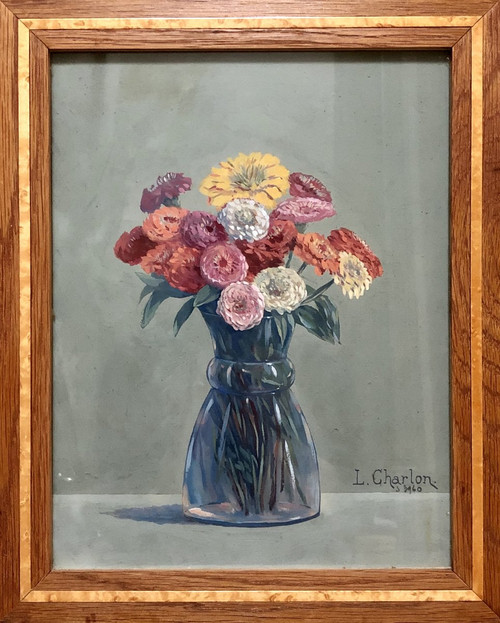 Léon-Paul CHARLON, gouache bouquet de fleurs 1938.