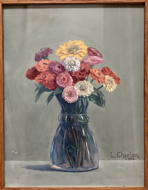 Léon-Paul CHARLON, gouache bouquet de fleurs 1938.