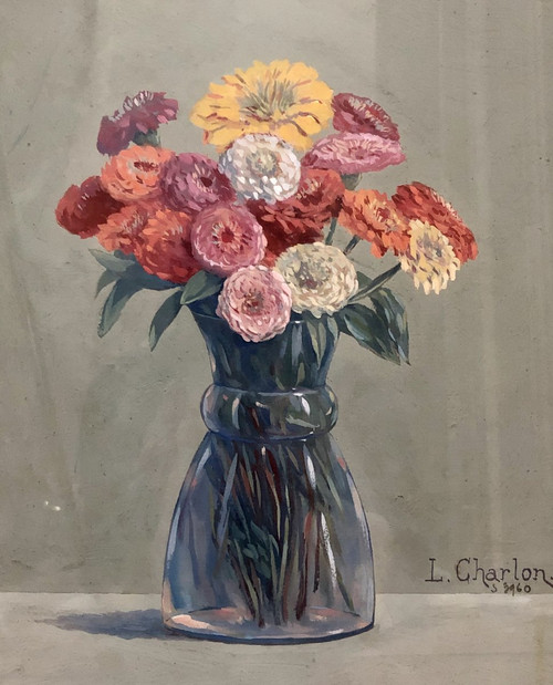 Léon-Paul CHARLON, gouache bouquet de fleurs 1938.