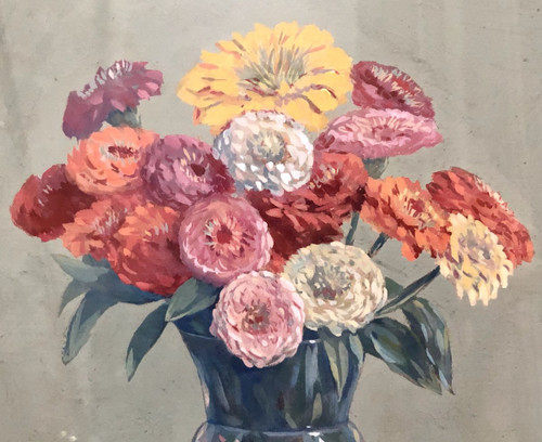 Léon-Paul CHARLON, gouache bouquet de fleurs 1938.