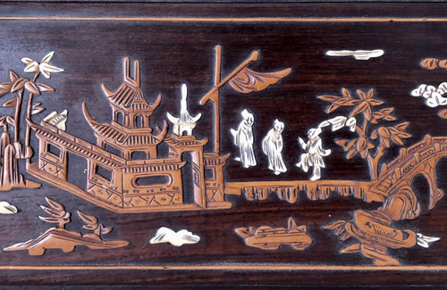Vietnam Circa 1900, Boxwood And Ivory Inlaid Panel Decorated With Animated Scenes.