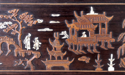 Vietnam Circa 1900, Boxwood And Ivory Inlaid Panel Decorated With Animated Scenes.