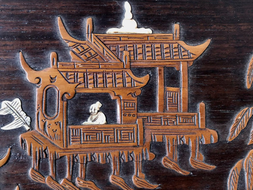 Vietnam Circa 1900, Boxwood And Ivory Inlaid Panel Decorated With Animated Scenes.