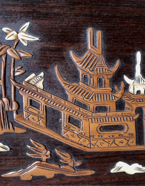 Vietnam Circa 1900, Boxwood And Ivory Inlaid Panel Decorated With Animated Scenes.