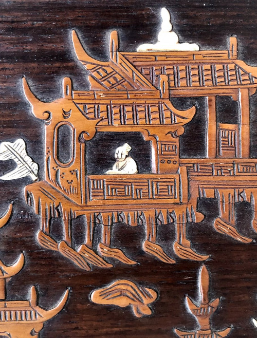 Vietnam Circa 1900, Boxwood And Ivory Inlaid Panel Decorated With Animated Scenes.