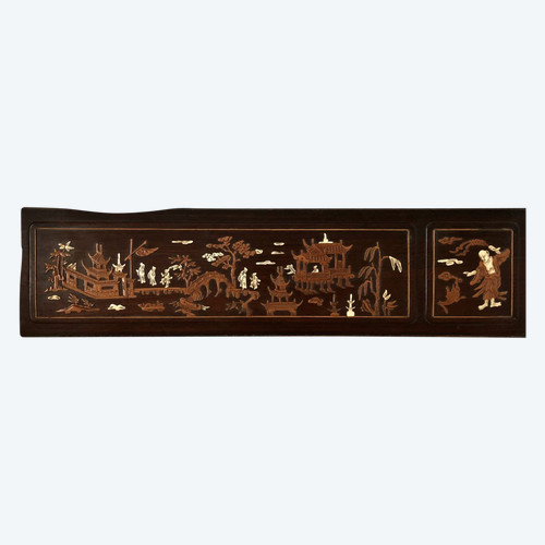 Vietnam Circa 1900, Boxwood And Ivory Inlaid Panel Decorated With Animated Scenes.