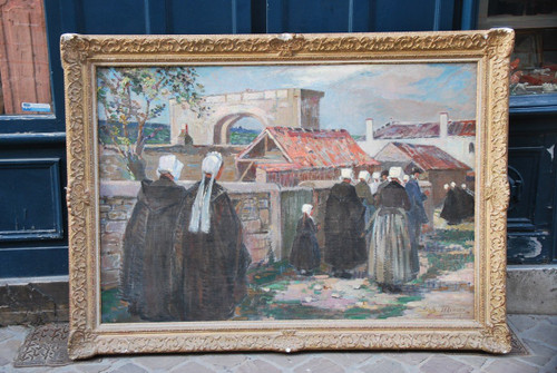 L Ile De Ré , Procession à Saint Martin , Huile Signée De Suzanne Minier