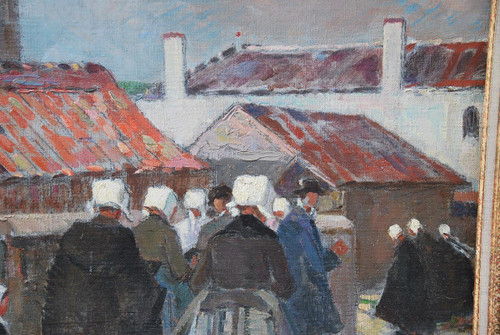L Ile De Ré , Procession à Saint Martin , Huile Signée De Suzanne Minier
