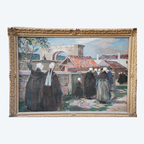 L Ile De Ré , Procession à Saint Martin , Huile Signée De Suzanne Minier