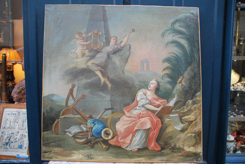 Großes Öl Auf Leinwand XVIII Allegorie Von Lamusique Van Loo