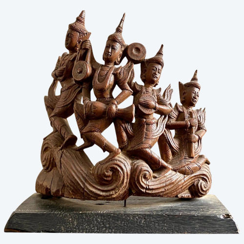 Birmanie, Début Du XXème Siècle, Sculpture En Bois Quatre Musiciens, Possiblement Des Nat.