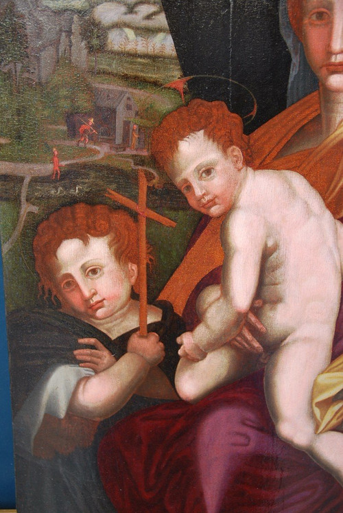 Vierge, Saint Jean Baptiste Et l'enfant Jésus , Huile XVIe Renaissance Italienne